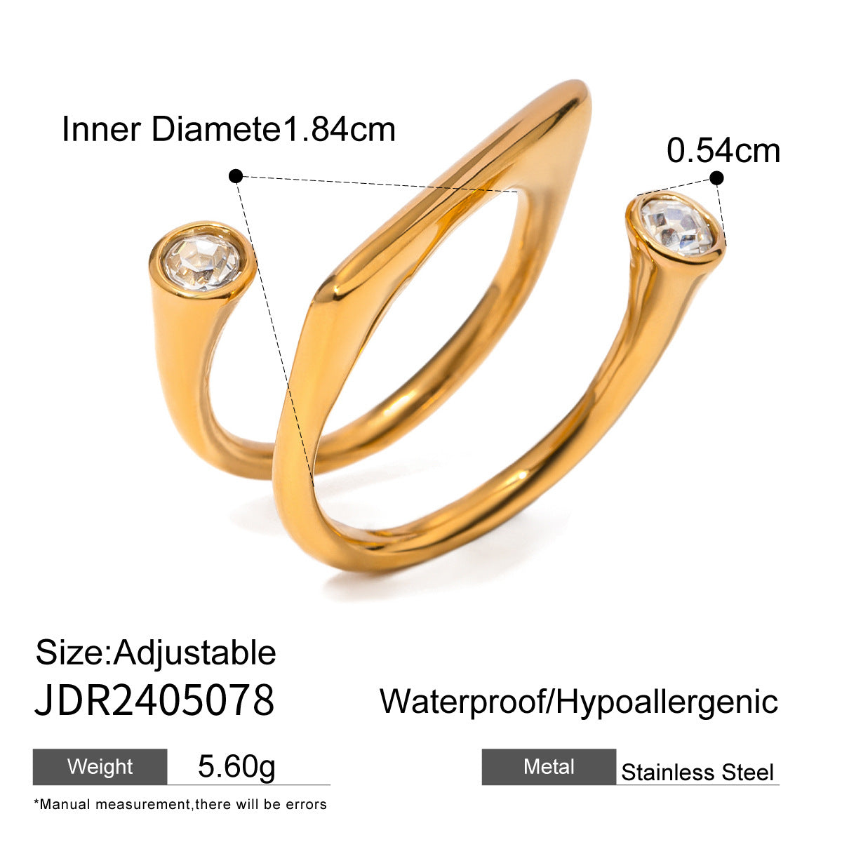 18K Gold Stainless Steel Zircon Opening Ring – Stylish Titanium Steel Hand Jewelry