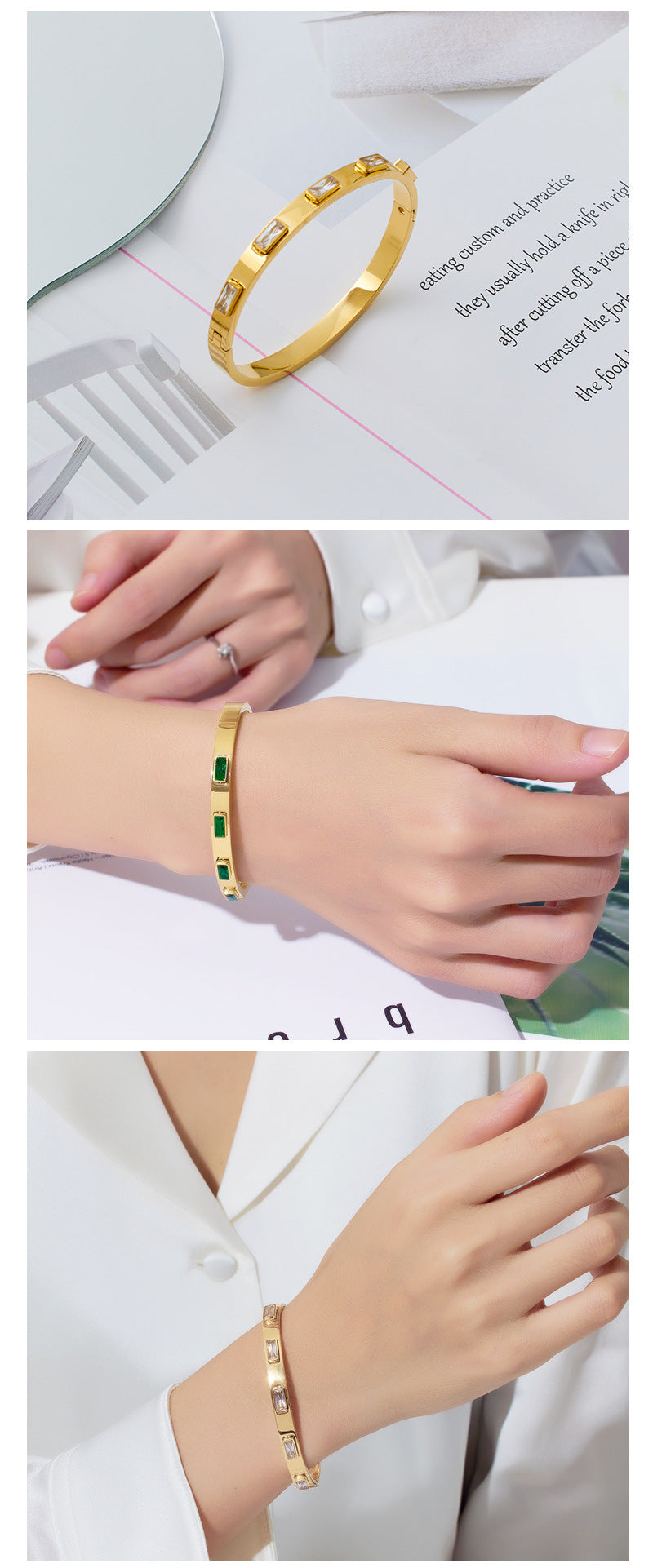 18K Gold Zircon Bracelet – Vacuum Plated Green & White Square Inlaid Fashion Jewelry