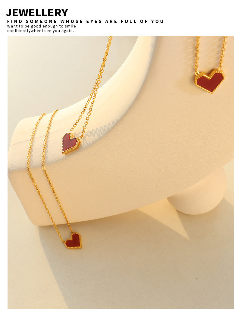 18K Gold Titanium Steel Love Clavicle Chain Necklace – Retro Acrylic Peach Heart Jewelry