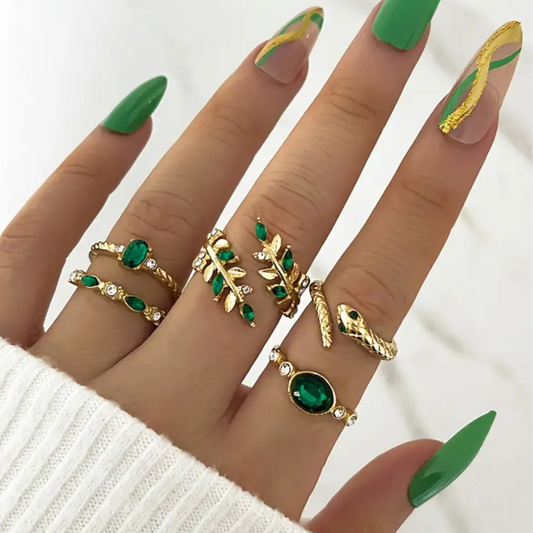 5pcs Green Stone Ring Set – Elegant Gold-Toned Jewelry Set