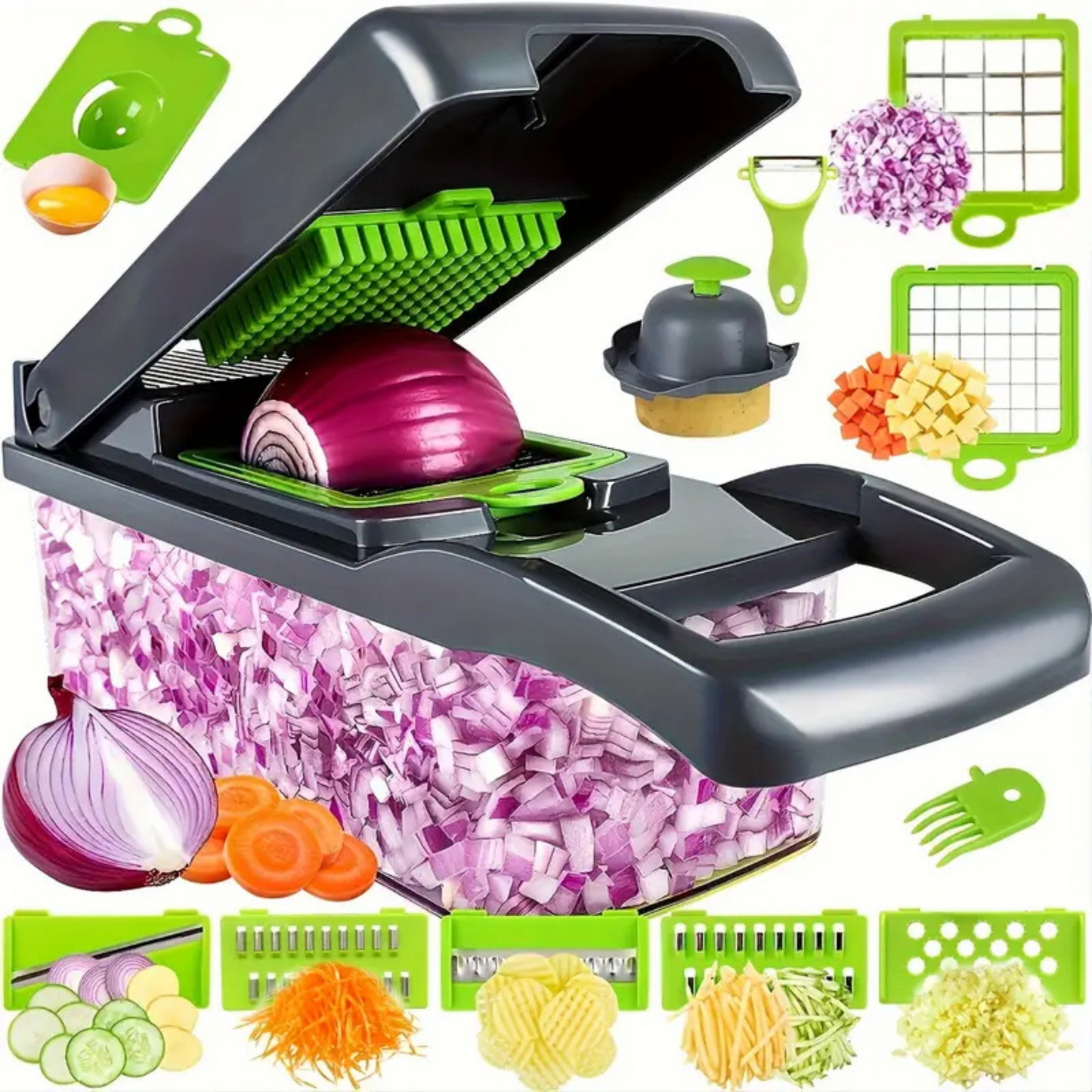 16-in-1 Professional Vegetable Chopper – Multi-Functional Slicer, Dicer & Food Prep Tool with 8 Blades & Storage Container