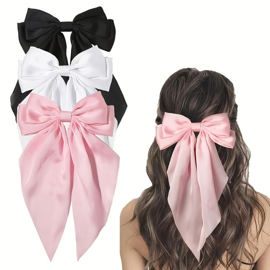 3pcs Large Satin Bow Hair Clips – Elegant Black, White & Pink Hair Accessories for Women