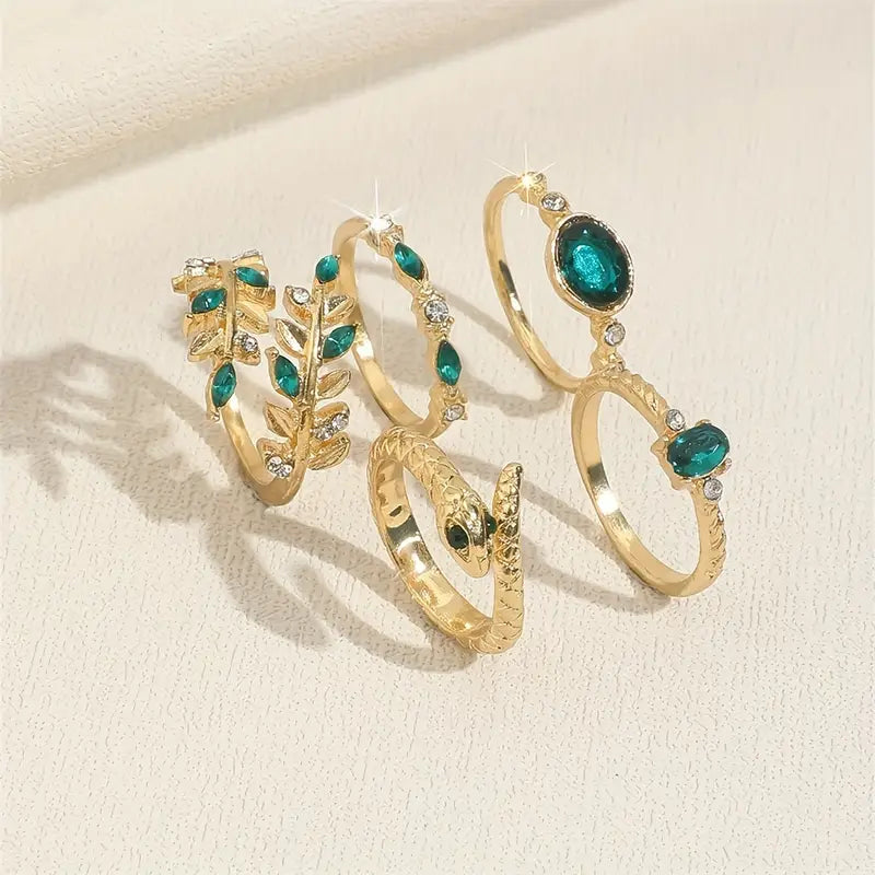 5pcs Green Stone Ring Set – Elegant Gold-Toned Jewelry Set