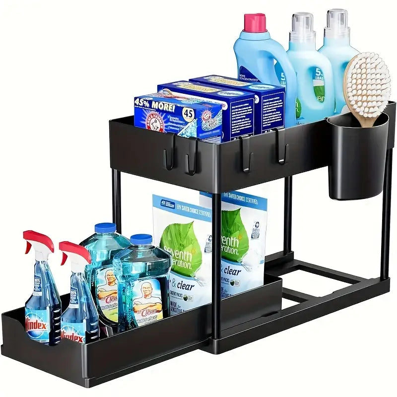 2-Tier Sliding Under Sink Organizer with Metal Frame – Multi-Purpose Storage Basket for Kitchen & Bathroom (Black/White)