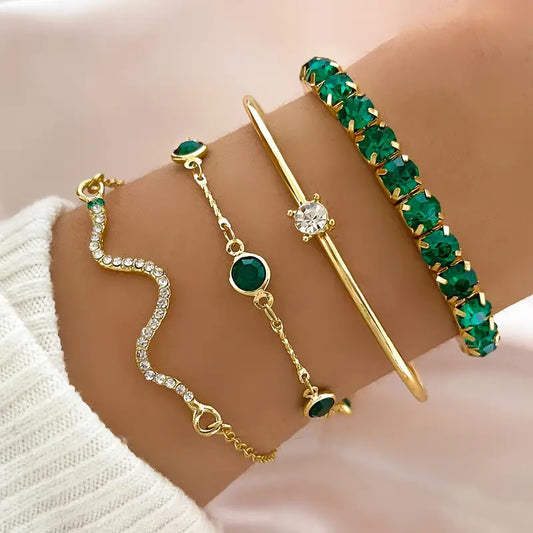 Set of 4: Fashionable Vintage Elegant Snake-Shaped Rhinestone Bracelet with Green Elastic Claw Chain and Open Bangle