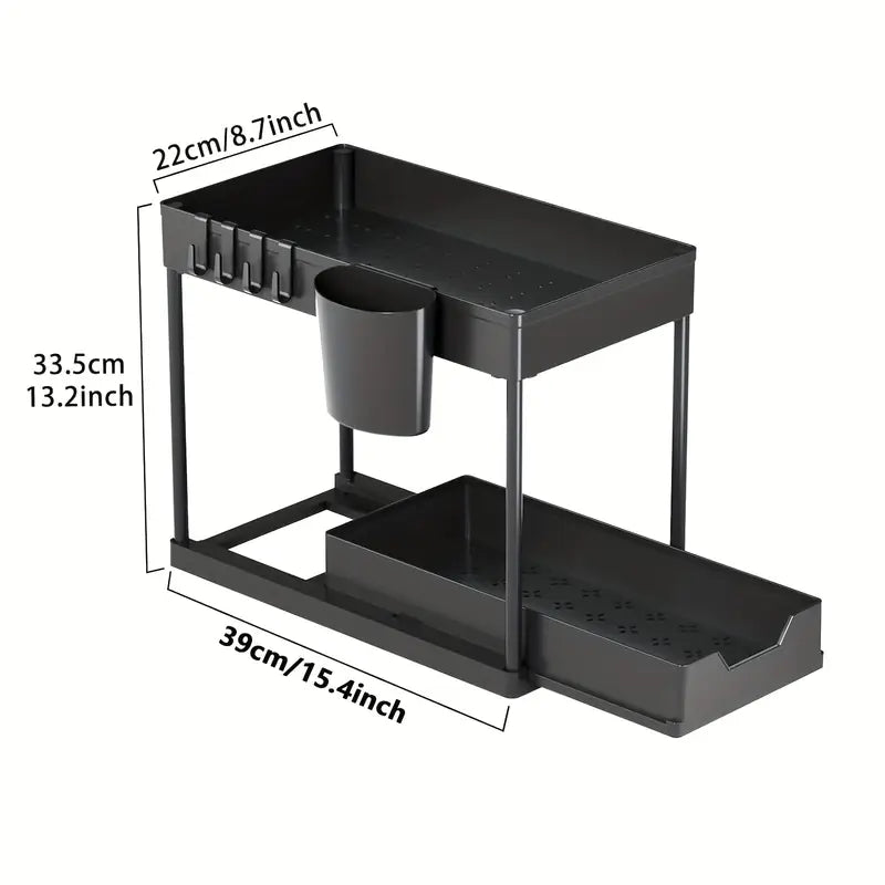 2-Tier Sliding Under Sink Organizer with Metal Frame – Multi-Purpose Storage Basket for Kitchen & Bathroom (Black/White)