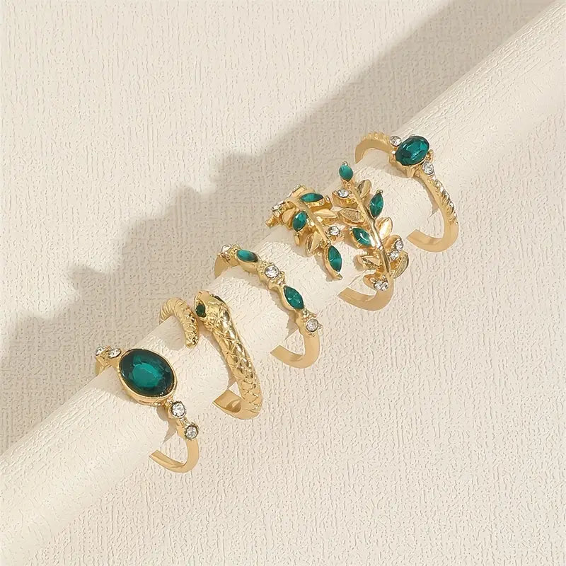 5pcs Green Stone Ring Set – Elegant Gold-Toned Jewelry Set
