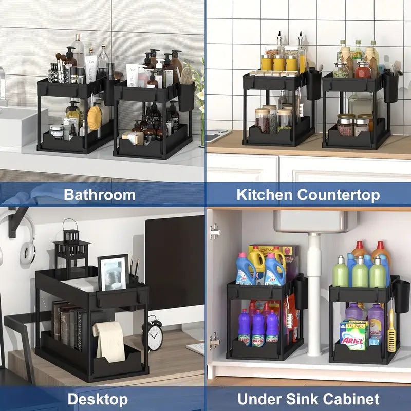 2-Tier Sliding Under Sink Organizer with Metal Frame – Multi-Purpose Storage Basket for Kitchen & Bathroom (Black/White)